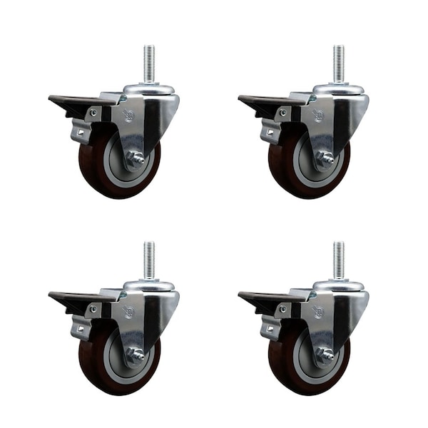 Service Caster 35 Inch Maroon Polyurethane Wheel Swivel 58 Inch Threaded Stem Caster Set with Brake SCC SCC-TS20S3514-PPUB-MRN-PLB-58212-4 - main